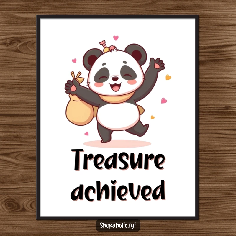 Funny digital art print of a giggling panda joyfully dancing with a bag bursting with delightful goodies, ready to bring smiles.