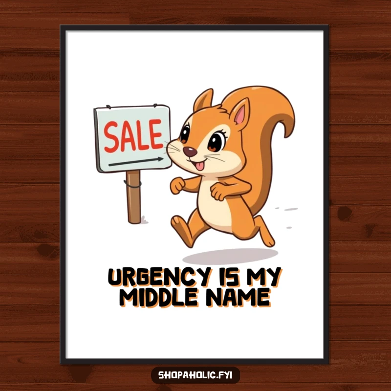 Funny squirrel digital art print showing a determined squirrel sprinting towards a sale sign, capturing the excitement of shopping.