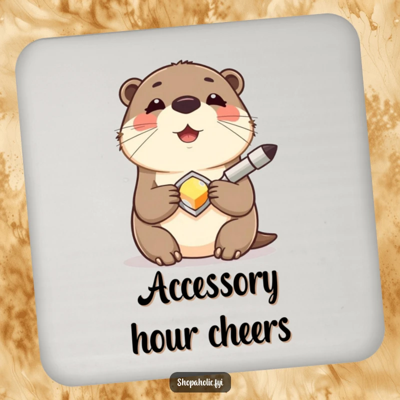 Funny Otter Drink Coaster featuring a contented otter smiling while holding a shiny new accessory, a humorous and protective accessory.