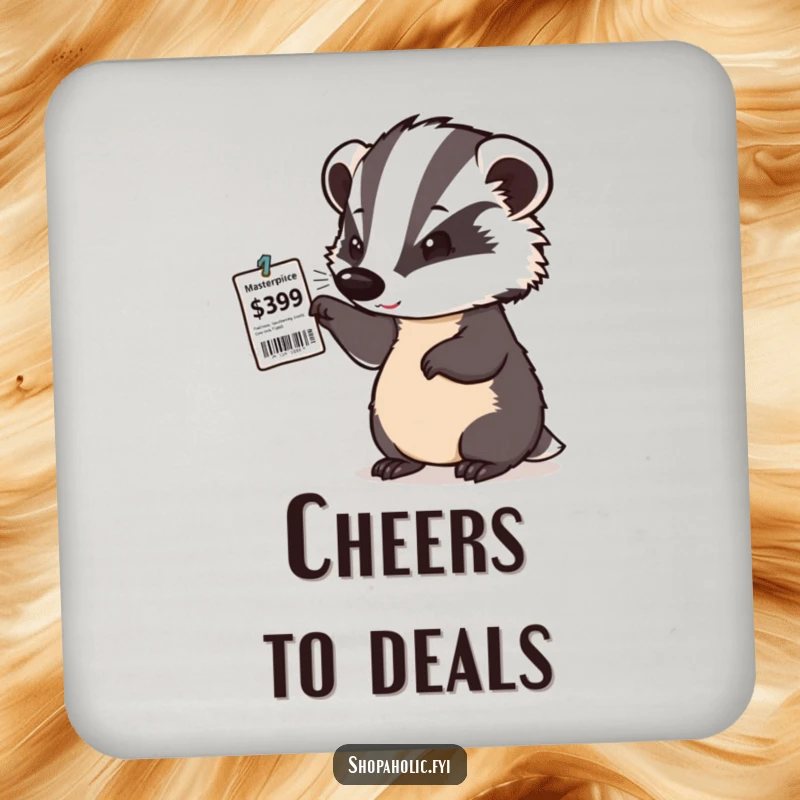 Funny drink coaster featuring a determined badger nodding with satisfaction at a price tag, signifying a smart purchase.