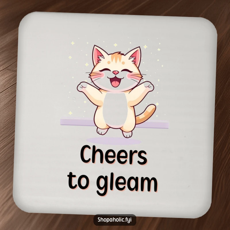 Funny coaster featuring a cheerful cat bouncing excitedly in front of a glittering display. Protects furniture with humor.