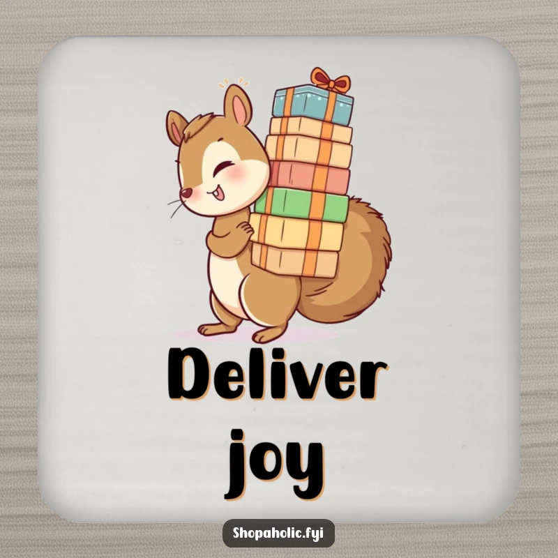 Funny coaster featuring a playful squirrel struggling with a tall stack of packages. Protects furniture with humor.
