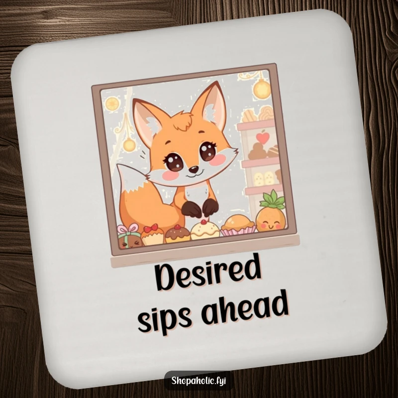 Funny Coasters: A fox with wide, longing eyes gazes at a window full of tempting treats, adding humorous protection to tabletops.