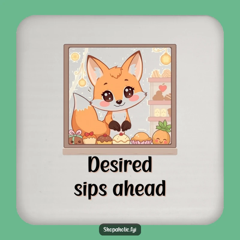 Funny Fox Coasters: Set of coasters featuring wide-eyed fox and tasty treats, protecting surfaces humorously.