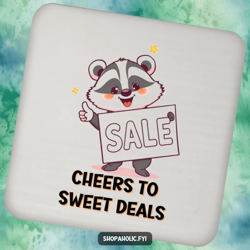 Funny Badger Sale Hunter Coaster - Humorous coaster showing a jovial badger pointing at a sale banner, protecting surfaces with style.