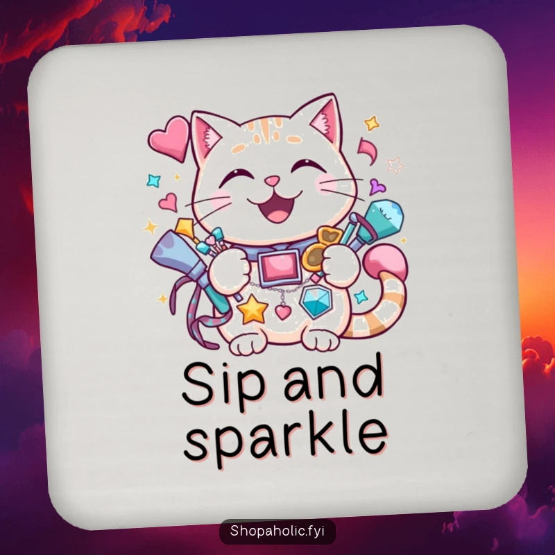 Funny cat drink coaster with a cheerful cat holding a vast amount of sparkly accessories, protecting surfaces.