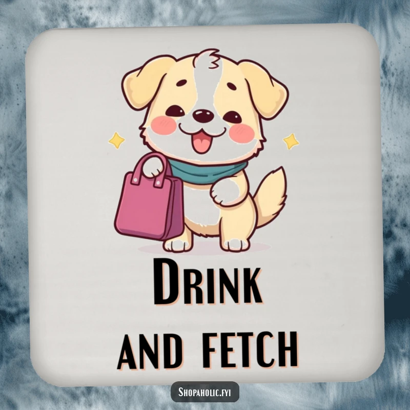 Funny Dog Coaster: A content dog character offering a bag with a grand gesture, adding humor to drink protection.