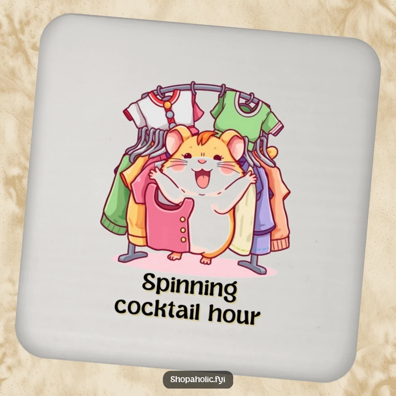 Funny hamster coaster, joyfully spinning around a rack of clothes, protecting surfaces with humor, a fun stylish gift.
