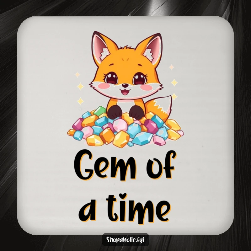 Funny drink coaster with a delighted fox delighting in a pile of sparkling jewels, protecting your surfaces with style and humor.