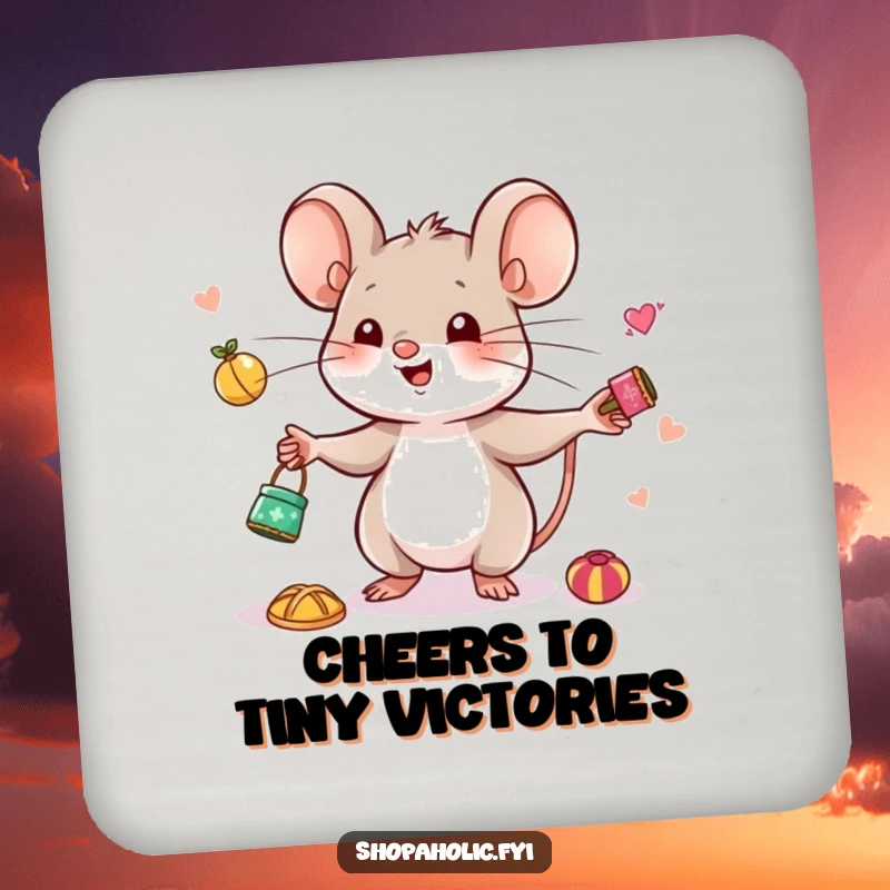 Funny Mouse Juggling Coaster - Humorous coaster showing a cute mouse happily juggling tiny trinkets, protecting surfaces with style.