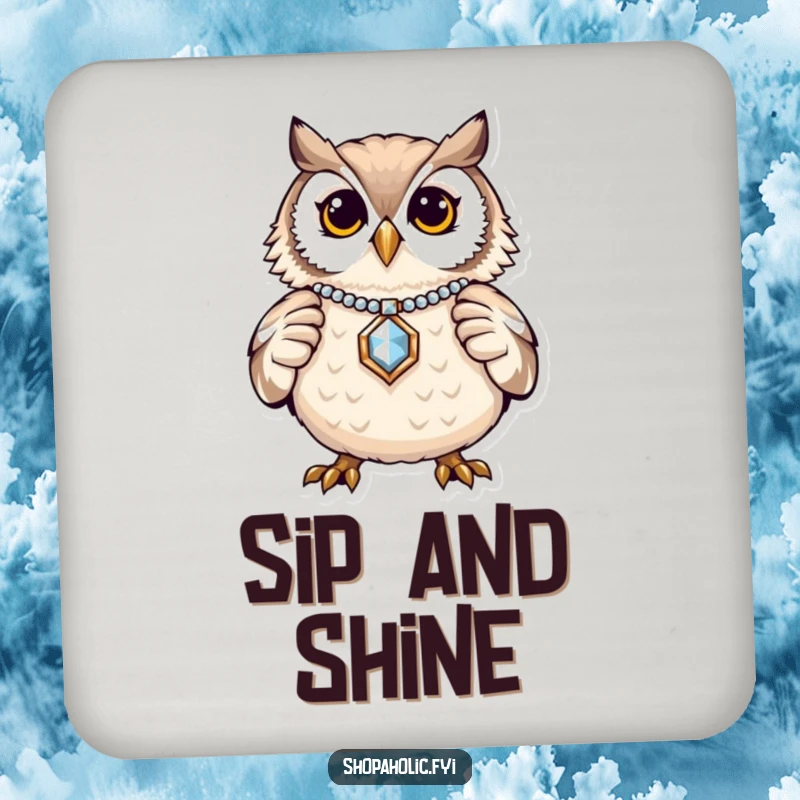 Funny Owl Jewelry Coasters: A proud owl displaying jewelry, protecting surfaces with charm. Set of amusing coasters.