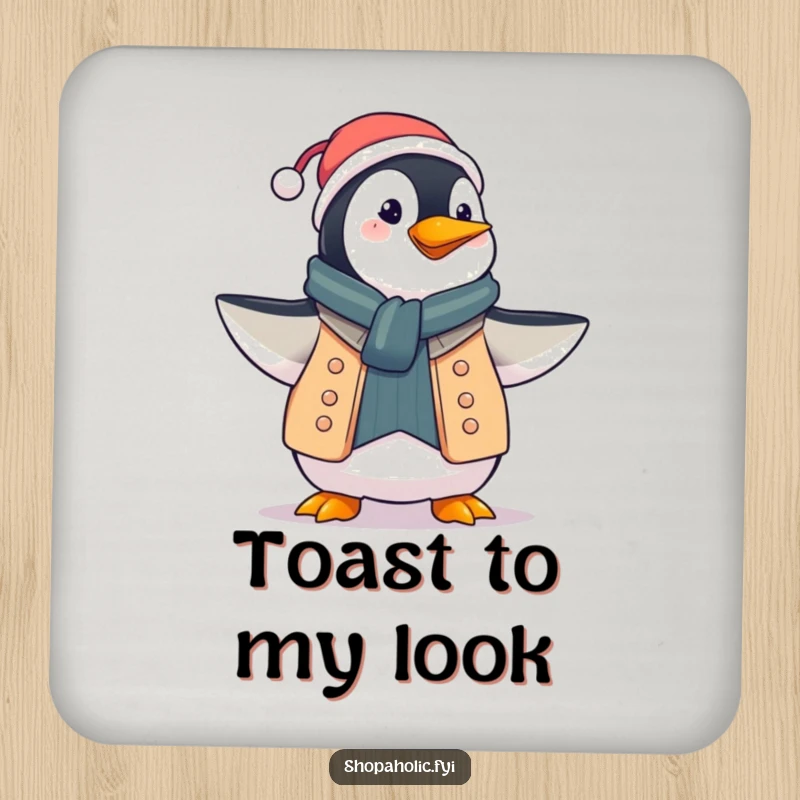 Funny penguin coaster, proudly displaying a new outfit with a flourish, protecting surfaces with humor, a stylish gift.