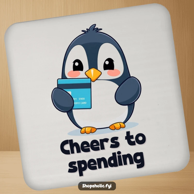 Funny drink coaster with a beaming penguin proudly holding a credit card, signifying a successful shopping spree.