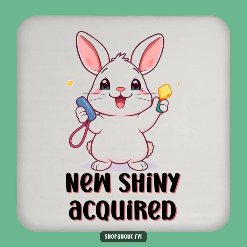 Funny Rabbit Coasters: Set of coasters featuring excited bunny and new accessory, protecting surfaces humorously.