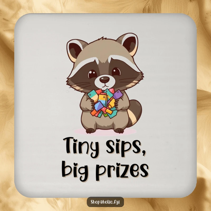 Funny drink coaster featuring a raccoon holding a pile of small items, protecting surfaces with a humorous and collectible design.