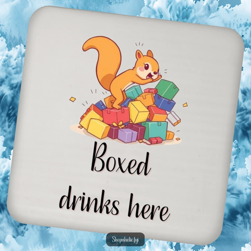 Funny squirrel coasters showing a hyperactive character chasing a tumbling pile of colorful boxes, protecting tables with humor.