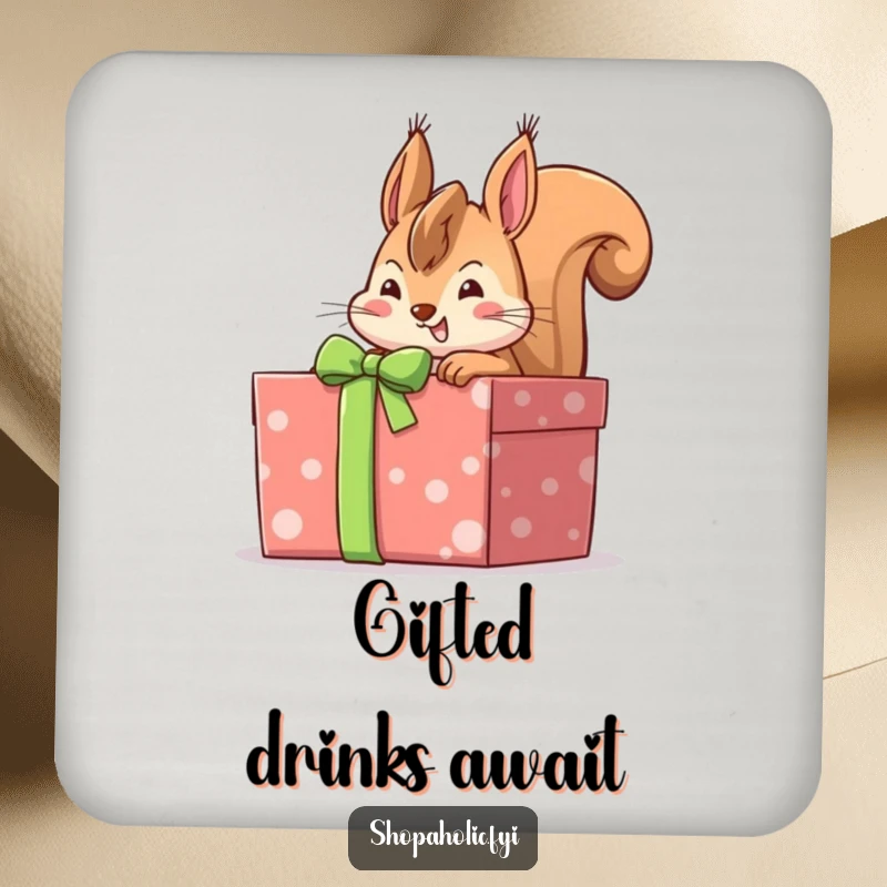 Funny cheerful squirrel peeking into a large gift-wrapped box with anticipation, a set of comical drink coasters for nature lovers.