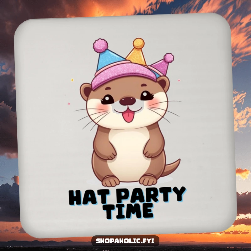Funny Drink Coaster with a bubbly otter gleefully sporting various shiny, glittering hats, adding a festive touch to any table.