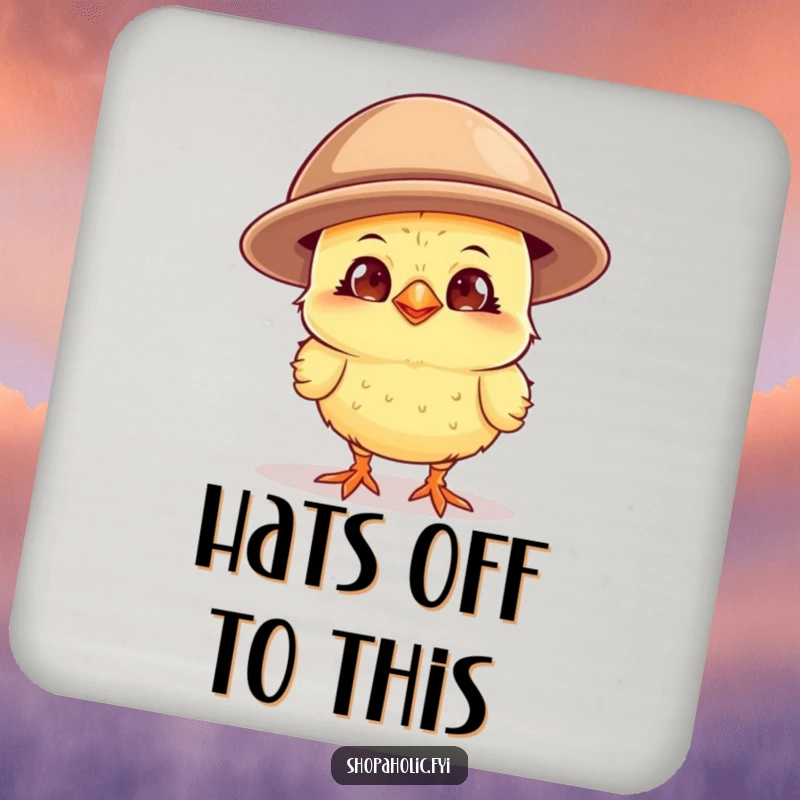 Funny curious chick with a wide grin, wearing a comically oversized hat, a set of comical drink coasters for fashion enthusiasts.