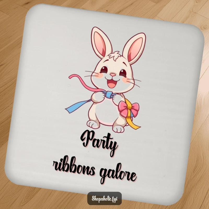 Funny Bunny Drink Coasters: A cheerful bunny excitedly unwraps a colorful ribbon, a protective and joyful addition to any table.
