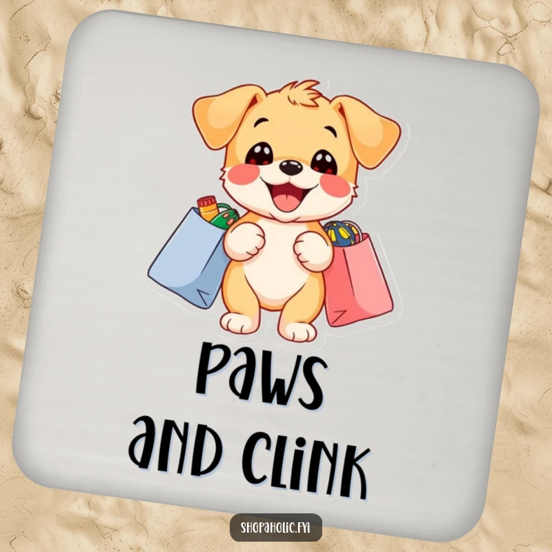 Funny puppy drink coaster with a delighted puppy holding shopping bags overflowing with colorful items, protecting surfaces.