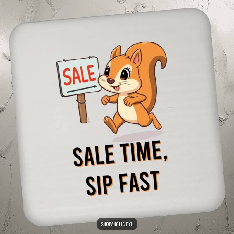 Funny squirrel coaster featuring a determined squirrel sprinting towards a sale sign, adding a humorous touch to drink service.