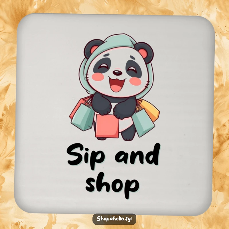 Funny panda coasters showing a delighted panda with overflowing shopping bags, protecting tables with humor.