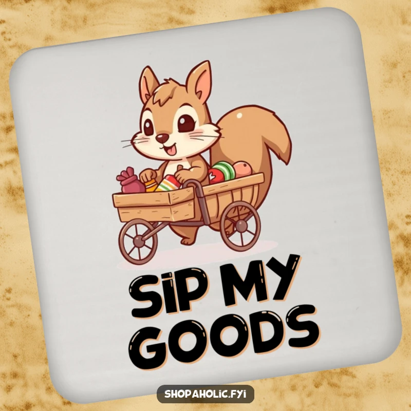 Funny coasters featuring a determined squirrel character pulling a tiny cart of goods, adding humorous protection to surfaces.