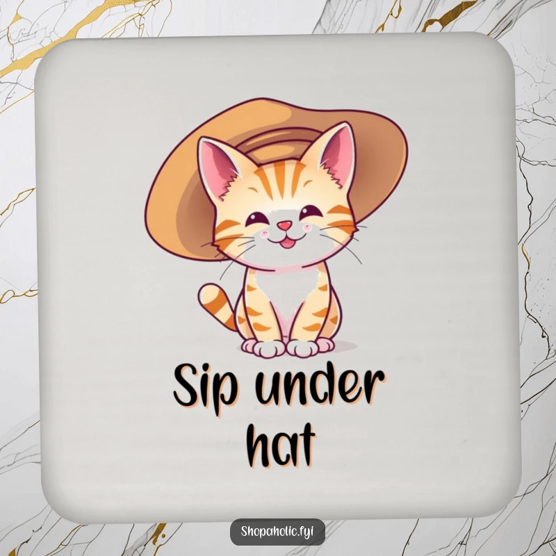 Funny coasters featuring a happy cat character wearing a large, oversized hat, adding humorous protection to surfaces.