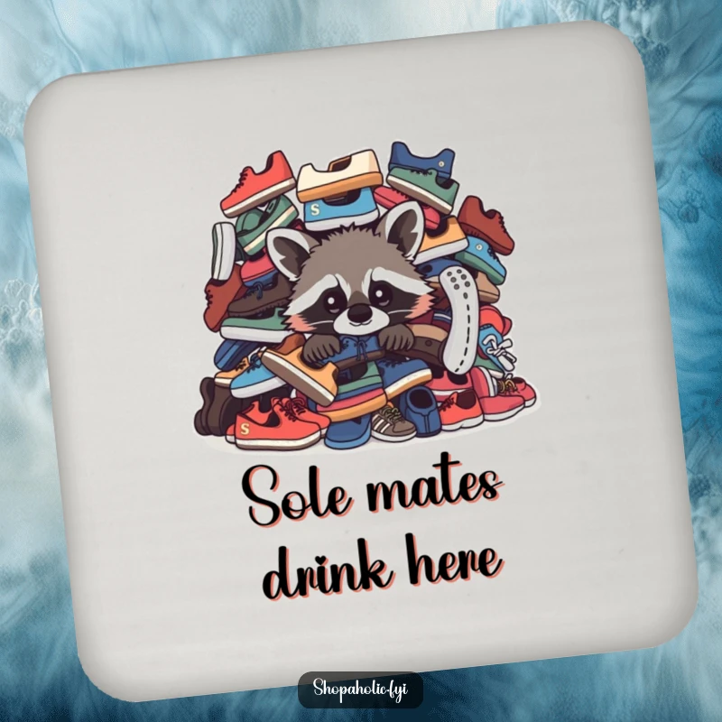 Funny Raccoon Coasters: A curious raccoon peeks from behind shoes on these funny coasters, protecting your surfaces with style.