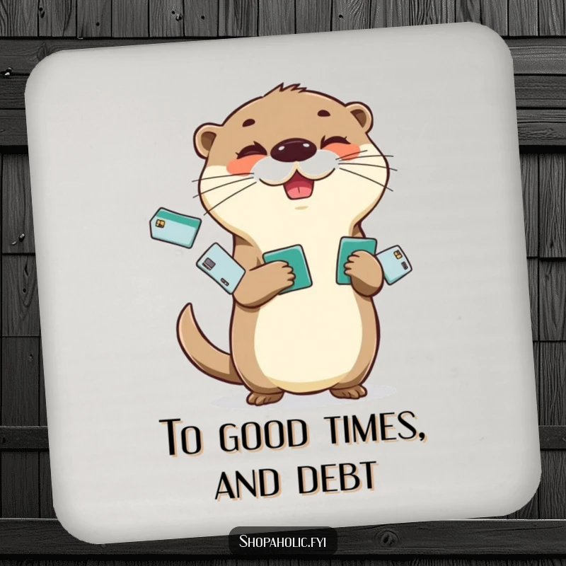 Funny Otter Coasters: Cheerful otter juggling credit cards with a mischievous glint, coasters for stylish, humorous protection.