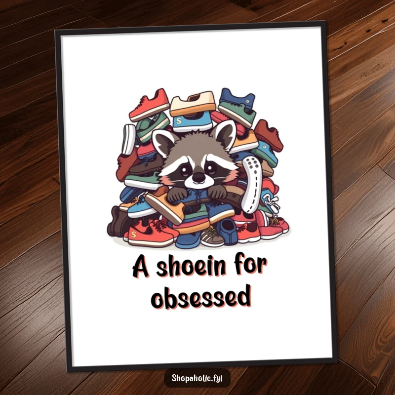 Funny Raccoon Poster: A curious raccoon emerges from behind a giant heap of shoes, creating a humorous and eye-catching wall art.