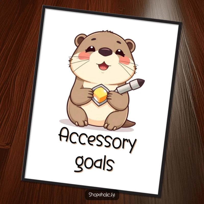 Funny Otter Poster showcasing a contented otter smiling while holding a shiny new accessory, perfect for humorous and joyful wall decor.