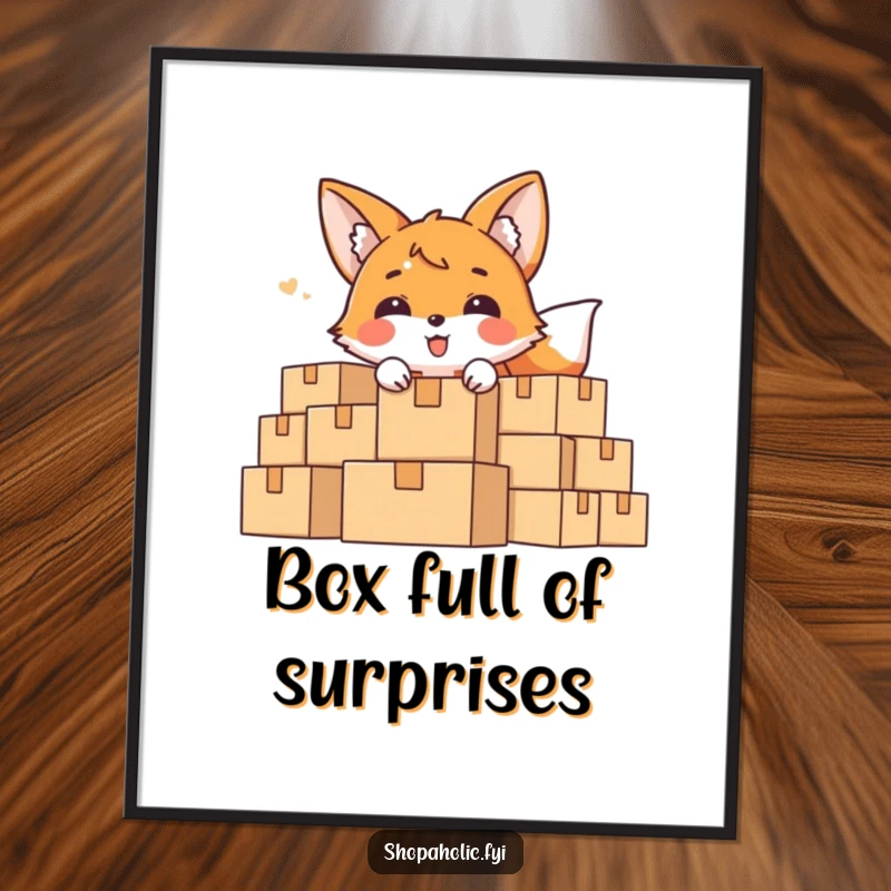 Funny Poster illustrating a delighted fox character playfully peeking out from behind an enormous pile of boxes.