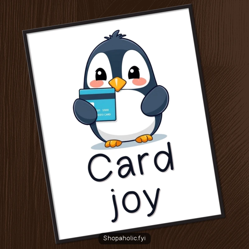 Funny poster of a beaming penguin holding a credit card, radiating pure delight and the ultimate shopping success.