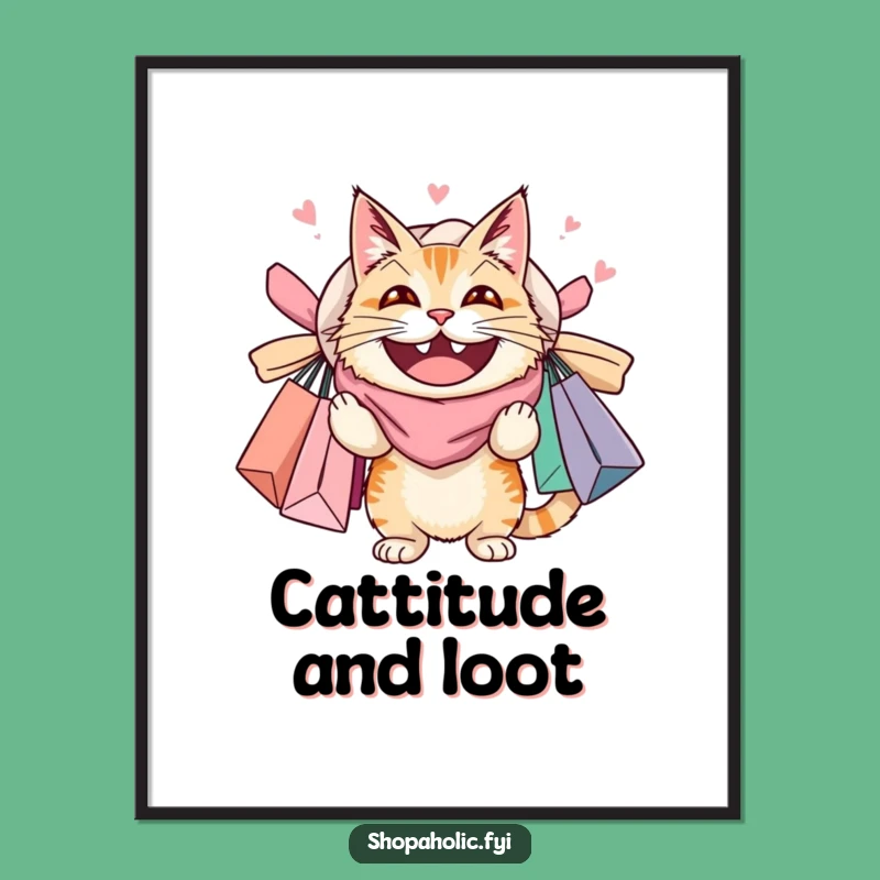Funny Cat Shopping Poster: Whimsical Art Of Feline With Bags, Wall Decor