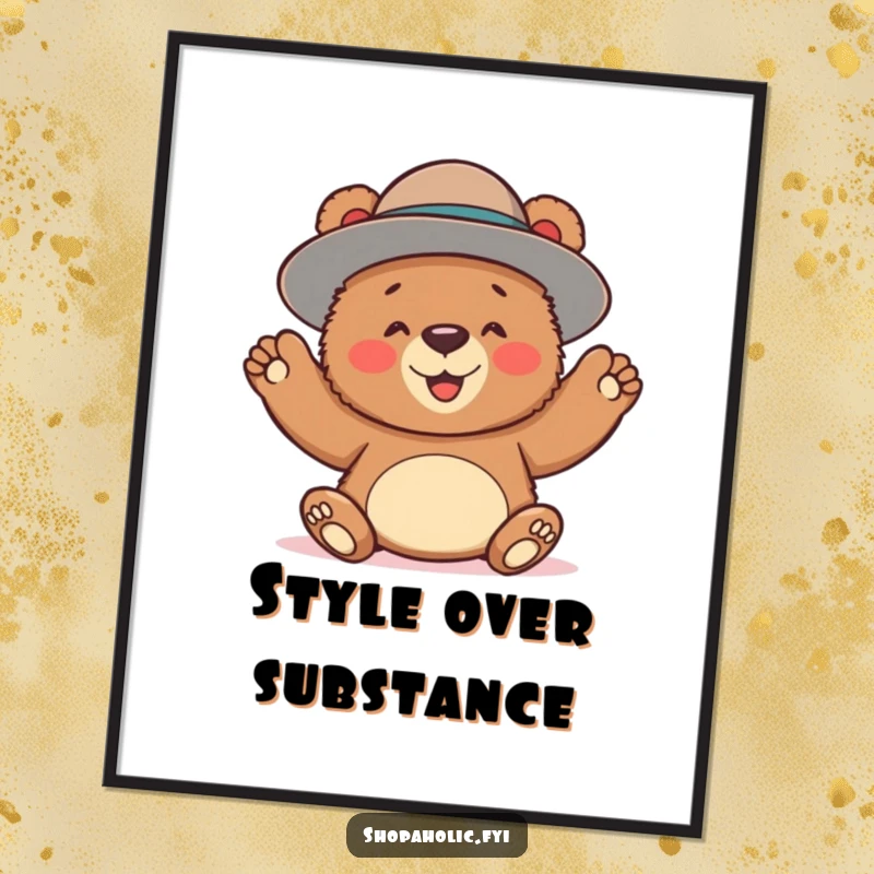 Funny poster art of a bear gleefully sporting an oversized hat, adding whimsical charm and humor to any wall.