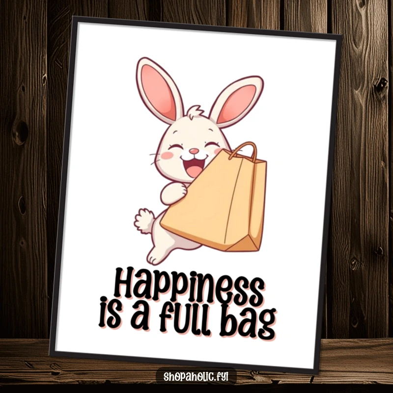 Funny poster art of a happy bunny holding a massive shopping bag, radiating humor and the joy of successful shopping.