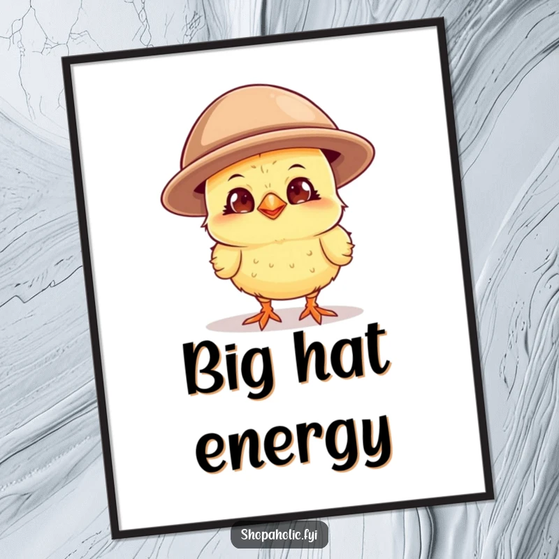 Funny curious chick with a wide grin, trying on a comically oversized hat, a whimsical and humorous poster for style enthusiasts.