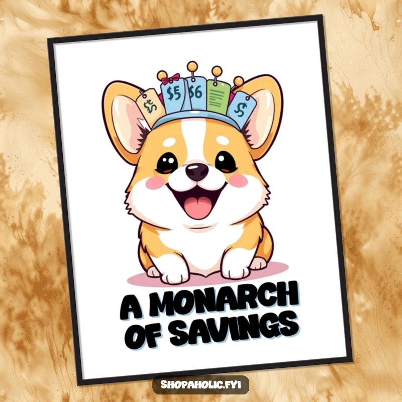 Funny Corgi Poster: A joyful corgi is depicted wearing a crown made entirely of price tags, charming and humorous wall art.