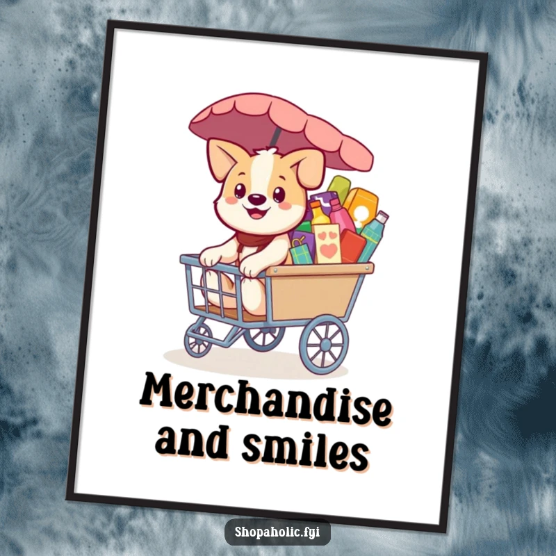 Funny Dog Poster: A smiling dog pulling a cart of colorful merchandise, creating cheerful wall art with humor, a delightful gift.