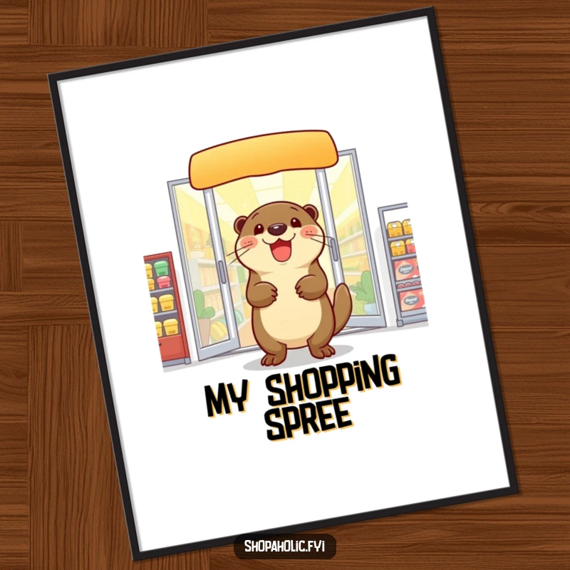 Funny otter poster, exiting a bright store with arms full, depicting pure shopping delight, vibrant wall art, a gift.