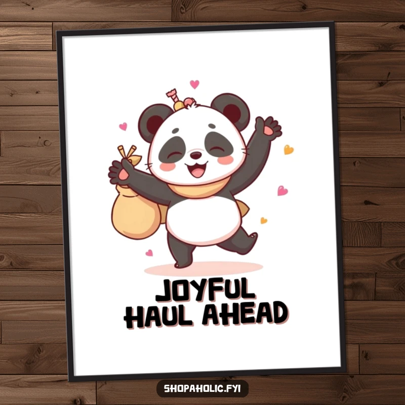 Funny poster artwork of a gleeful panda dancing ecstatically while holding a bag brimming with colorful goodies, radiating pure delight.