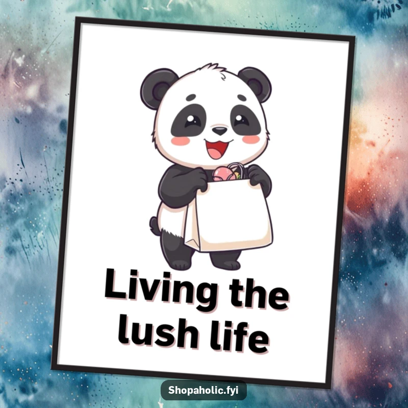 Funny poster art of a delighted panda bear joyfully holding an overflowing shopping bag, humorous and whimsical wall decor.