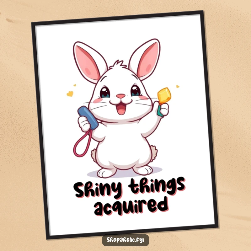 Funny Poster: An elated rabbit showcases a shiny new accessory, bringing a burst of energetic humor and vibrant decor to any room.