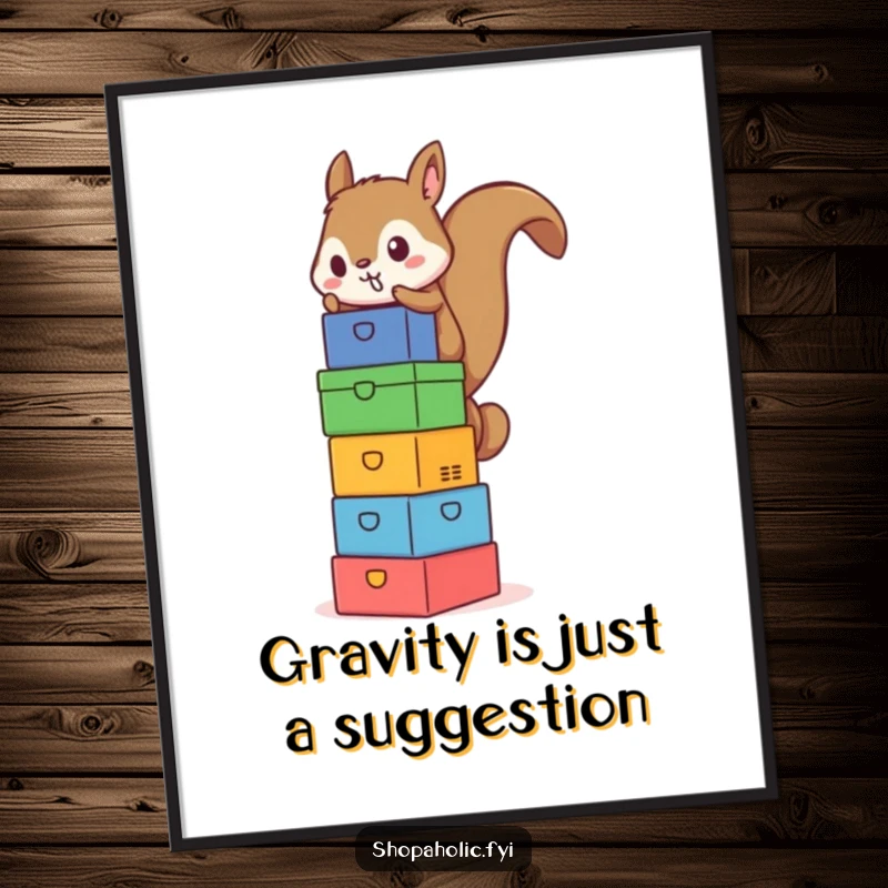 Funny Squirrel Box Tower Poster - Wall art showing a determined squirrel balancing a towering stack of bright boxes, embodying ambition humorously.