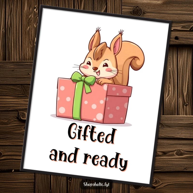 Funny cheerful squirrel peeking into a large gift-wrapped box with anticipation, a whimsical and humorous poster for nature lovers.