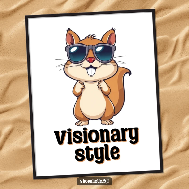 Funny Squirrel Sunglasses Poster: An energetic squirrel models various sunglasses, radiating coolness. Artistic and fun.