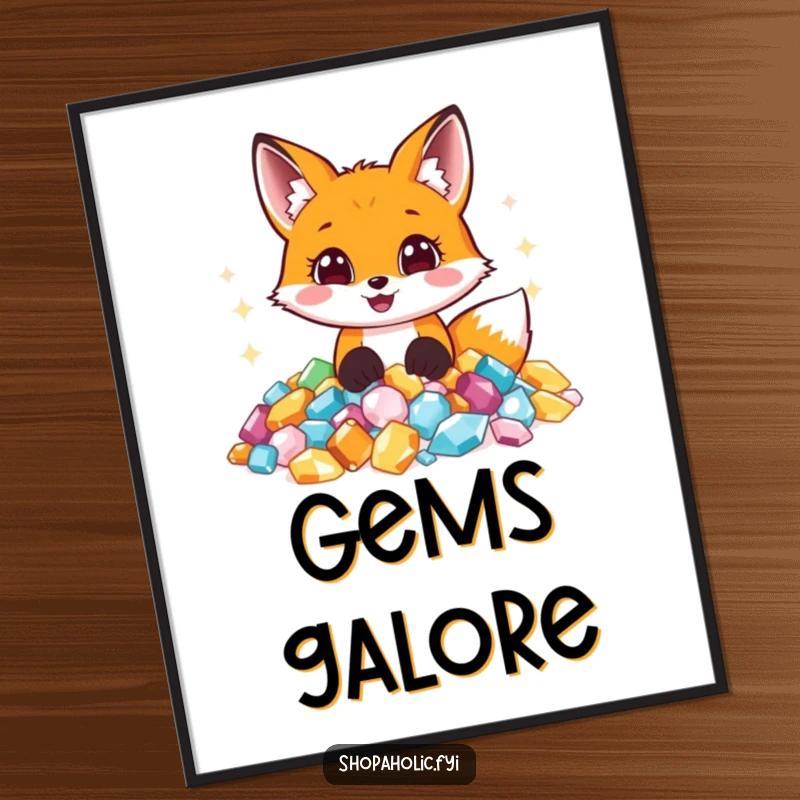 Funny poster: A jubilant fox with wide eyes buried in a dazzling heap of sparkling gemstones, conveying extreme delight and wonder.