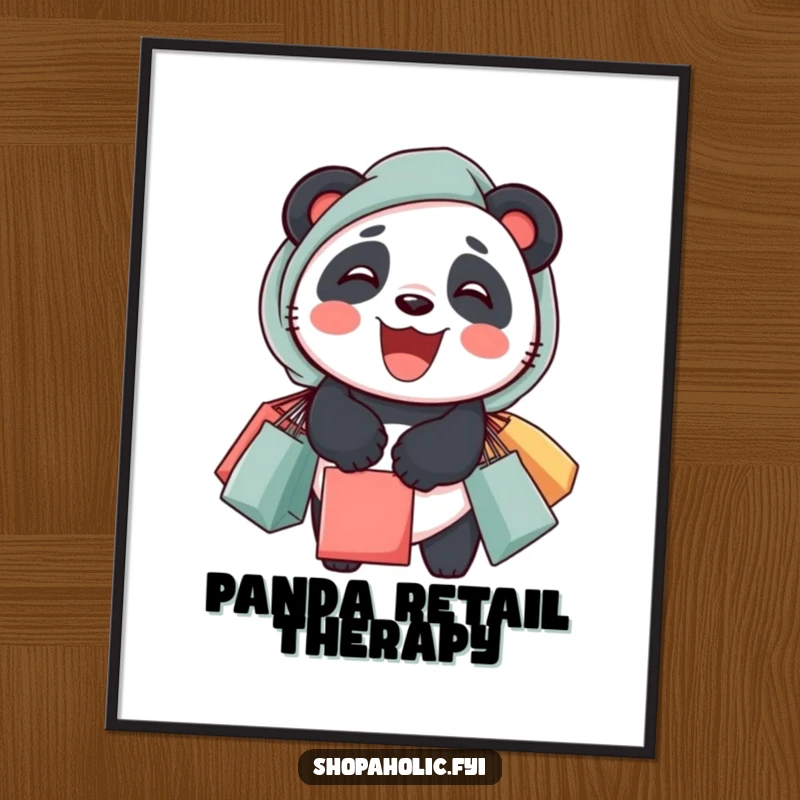 Funny panda poster showing a delighted panda with overflowing shopping bags, a humorous piece of wall art.